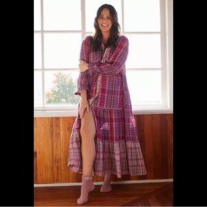 Anthropologie Multicolor Gauze Tiered Plaid Button Down Dress